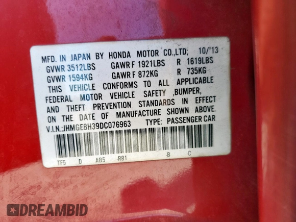 2013 Honda Fit with VIN JHMGE8H39DC076963, listed as a Copart auction lot 44442645 with 61,639 mi miles and Salvage Title. Bid and sale history available at carsss.com. Image 12.