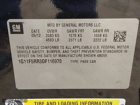 2013 Chevrolet Malibu ECO with VIN 1G11F5RR3DF116970, listed as a IAAI auction lot 41514066 with 134,849 mi miles. Bid and sale history available at carsss.com. Image 9.