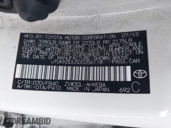 2013 Toyota Prius One with VIN JTDKN3DU5D0356118, listed as a IAAI auction lot 41892349 with 181,558 mi miles. Bid and sale history available at carsss.com. Image 9.