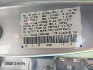 2010 Honda Accord EX with VIN 1HGCP2F7XAA166645, listed as a IAAI auction lot 42546166 with 109,640 mi miles and . Bid and sale history available at DreamBid. Image 9.