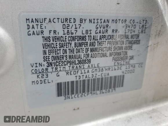 2017 Nissan Note SV с VIN 3N1CE2CP9HL360839, выставлен на аукционе Copart как лот 63847715 с пробегом 103 826 миль миль и Списание • Salvage title. История ставок и продаж доступна на DreamBid. Изображение 12.
