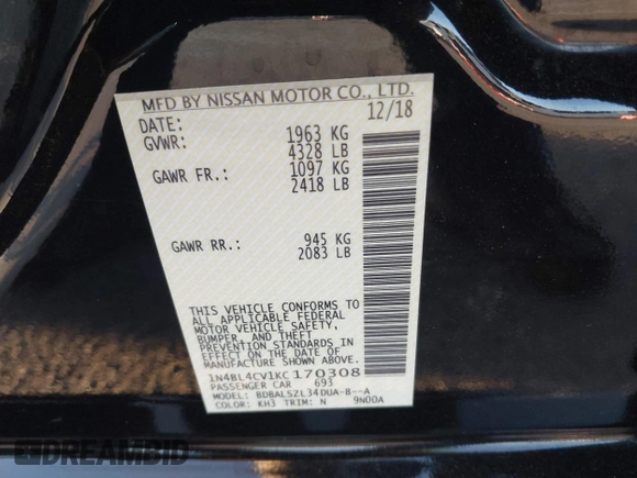 2019 Nissan Altima 2.5 SR with VIN 1N4BL4CV1KC170308, listed as a IAAI auction lot 41965287 with 115,595 mi miles. Bid and sale history available at carsss.com. Image 9.