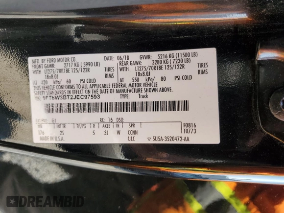 2018 Ford F-350 XL с VIN 1FT8W3BT2JEC97593, выставлен на аукционе Copart как лот 58744085 с пробегом 228 989 миль миль и Списание • Salvage title. История ставок и продаж доступна на DreamBid. Изображение 13.