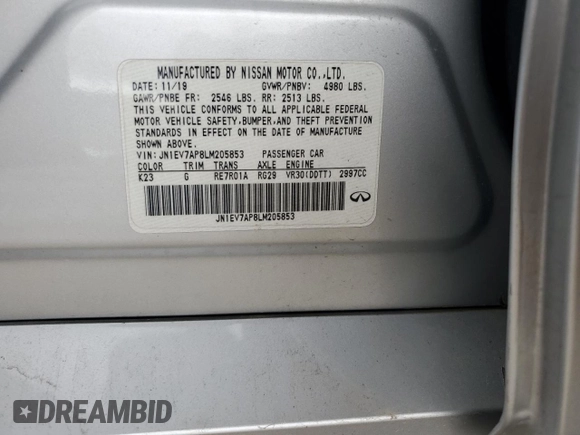 2020 Infiniti Q50 Luxe with VIN JN1EV7AP8LM205853, listed as a Copart auction lot 50058445 with 93,012 mi miles and Clean Title. Bid and sale history available at DreamBid. Image 12.