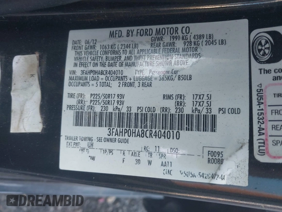 2012 Ford Fusion SE with VIN 3FAHP0HA8CR404010, listed as a IAAI auction lot 42558110 with 215,462 mi miles and . Bid and sale history available at DreamBid. Image 9.