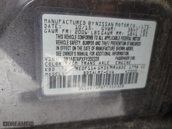 2015 Nissan Sentra S with VIN 3N1AB7APXFY352328, listed as a Copart auction lot 84896654 with 170,576 mi miles and Non Repairable. Bid and sale history available at carsss.com. Image 12.