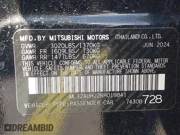 2024 Mitsubishi Mirage ES with VIN ML32AUHJ2RH019841, listed as a IAAI auction lot 41623414 with 6,629 mi miles and . Bid and sale history available at DreamBid. Image 9.