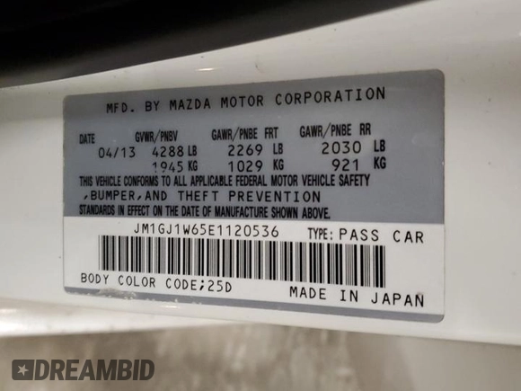 2014 Mazda 6 i Grand Touring with VIN JM1GJ1W65E1120536, listed as a Copart auction lot 51058525 with 85,850 mi miles and Salvage Title. Bid and sale history available at DreamBid. Image 12.