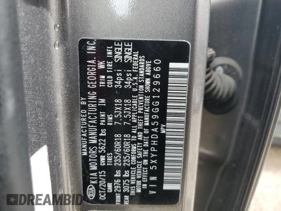 2016 Kia Sorento EX with VIN 5XYPHDA59GG129660, listed as a Copart auction lot 49499595 with 104,784 mi miles and Salvage Title. Bid and sale history available at carsss.com. Image 13.