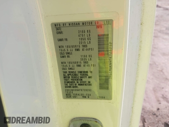2015 Nissan NV200 S with VIN 3N6CM0KN4FK728252, listed as a IAAI auction lot 41608282 with 72,844 mi miles and . Bid and sale history available at DreamBid. Image 9.