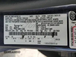 2012 Ford Fiesta S with VIN 3FADP4AJXCM198282, listed as a Copart auction lot 59572865 with 177,455 mi miles and Salvage title. Bid and sale history available at DreamBid. Image 12.