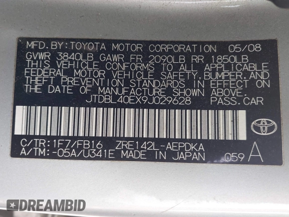 2009 Toyota Corolla with VIN JTDBL40EX9J029628, listed as a IAAI auction lot 42111711 with 168,226 mi miles. Bid and sale history available at carsss.com. Image 9.