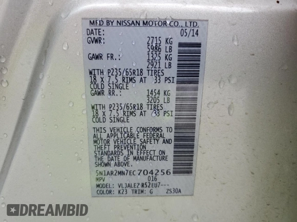 2014 Nissan Pathfinder S with VIN 5N1AR2MN7EC704256, listed as a Copart auction lot 53566225 with 112,652 mi miles and Salvage Title. Bid and sale history available at carsss.com. Image 14.