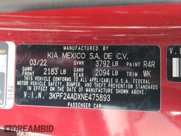 2022 Kia Forte LXS with VIN 3KPF24ADXNE475893, listed as a Copart auction lot 45567325 with 31,664 mi miles and Clean Title. Bid and sale history available at DreamBid. Image 12.