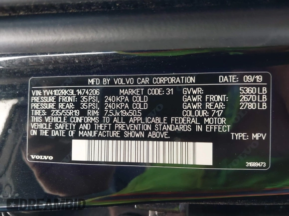 2020 Volvo XC60 Momentum z VIN YV4102RK9L1474206, wystawiony jako IAAI lot #41731881 z przebiegiem 77 908 mil mil oraz . Historia ofert i sprzedaży dostępna na DreamBid. Obrazek 9.