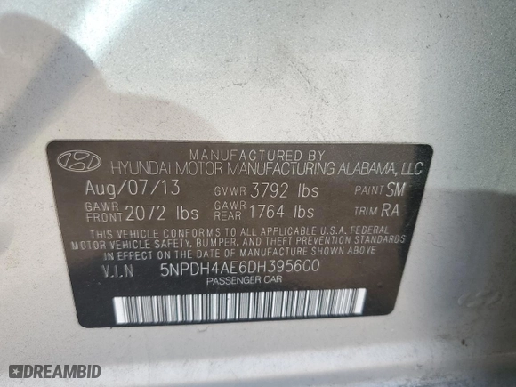 2013 Hyundai Elantra GLS with VIN 5NPDH4AE6DH395600, listed as a Copart auction lot 43967675 with 92,462 mi miles and Salvage Title. Bid and sale history available at carsss.com. Image 12.