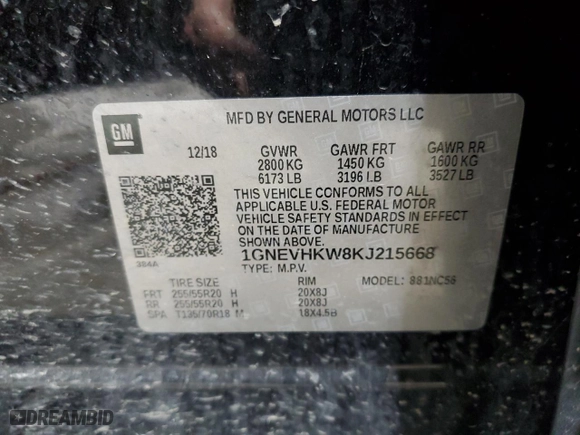 2019 Chevrolet Traverse LT Leather with VIN 1GNEVHKW8KJ215668, listed as a Copart auction lot 50039885 with 87,172 mi miles and Salvage Title. Bid and sale history available at carsss.com. Image 14.