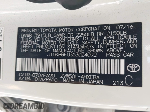 2016 Toyota Prius Two z VIN JTDKBRFU3G3024092, wystawiony jako IAAI lot #42338381 z przebiegiem 87 216 mil mil oraz . Historia ofert i sprzedaży dostępna na DreamBid. Obrazek 9.