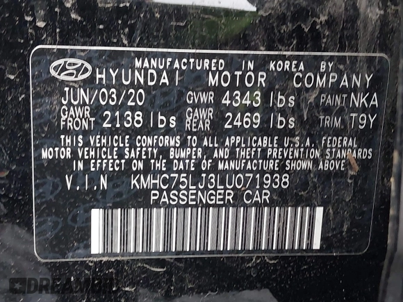 2020 Hyundai Ioniq SE with VIN KMHC75LJ3LU071938, listed as a IAAI auction lot 41785298 with 47,165 mi miles and . Bid and sale history available at DreamBid. Image 9.