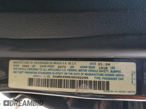 2004 Volkswagen Jetta GL z VIN 3VWRK69M54M092295, wystawiony jako Copart lot #47320195 z przebiegiem 161 593 mil mil oraz Szkoda całkowita • Salvage title. Historia ofert i sprzedaży dostępna na DreamBid. Obrazek 14.