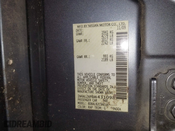 2010 Nissan Altima S with VIN 1N4AL2AP8AN431098, listed as a IAAI auction lot 41735690 with 150,660 mi miles and . Bid and sale history available at DreamBid. Image 9.
