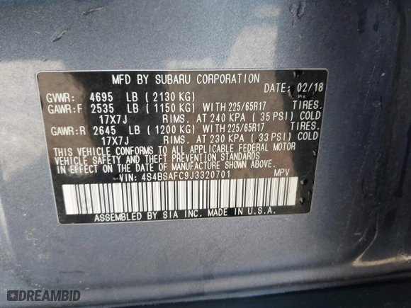 2018 Subaru Outback Premium with VIN 4S4BSAFC9J3320701, listed as a IAAI auction lot 41963840 with 230,159 mi miles. Bid and sale history available at carsss.com. Image 9.