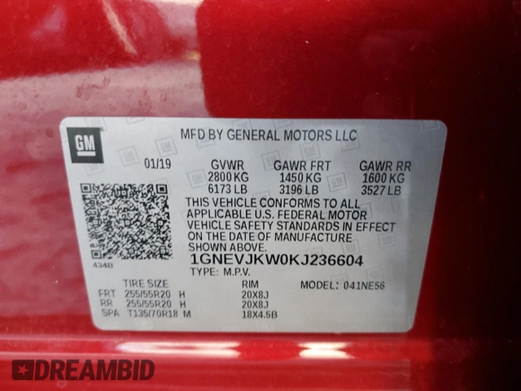 2019 Chevrolet Traverse RS with VIN 1GNEVJKW0KJ236604, listed as a Copart auction lot 85910044 with 59,671 mi miles and Salvage Title. Bid and sale history available at carsss.com. Image 14.