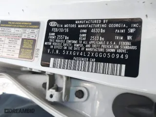 2016 Kia Optima SXL Turbo with VIN 5XXGV4L2XGG050949, listed as a IAAI auction lot 41448085 with 119,850 mi miles. Bid and sale history available at carsss.com. Image 9.