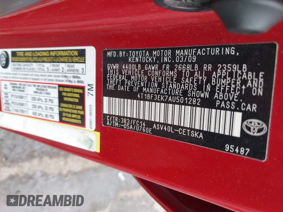 2010 Toyota Camry with VIN 4T1BF3EK7AU501282, listed as a IAAI auction lot 42170483 with 269,831 mi miles and . Bid and sale history available at DreamBid. Image 9.