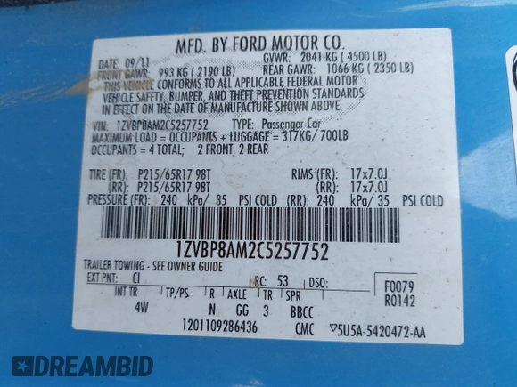 2012 Ford Mustang Premium with VIN 1ZVBP8AM2C5257752, listed as a IAAI auction lot 42817735 with 128,015 mi miles and . Bid and sale history available at DreamBid. Image 9.