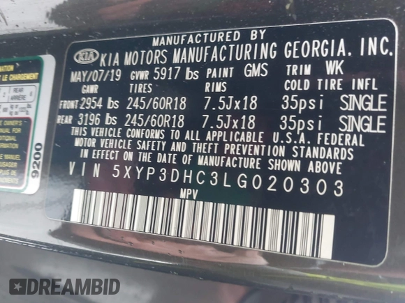 2020 Kia Telluride EX with VIN 5XYP3DHC3LG020303, listed as a IAAI auction lot 42249452 with 93,402 mi miles and . Bid and sale history available at DreamBid. Image 9.