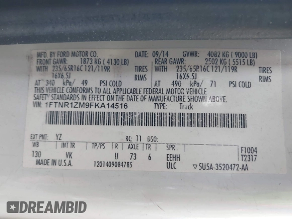 2015 Ford Transit Cargo с VIN 1FTNR1ZM9FKA14516, выставлен на аукционе IAAI как лот 42439179 с пробегом 187 947 миль миль и . История ставок и продаж доступна на DreamBid. Изображение 9.