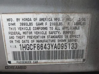2000 Honda Accord DX z VIN 1HGCF8643YA095133, wystawiony jako IAAI lot #42377541 z przebiegiem 137 515 mil mil oraz . Historia ofert i sprzedaży dostępna na DreamBid. Obrazek 9.