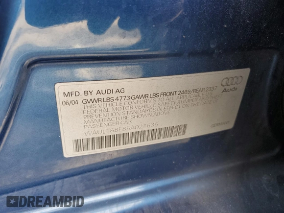 2005 Audi A4 3.0L with VIN WAULT68E85A021636, listed as a Copart auction lot 83424744 with 163,991 mi miles and Salvage title. Bid and sale history available at DreamBid. Image 14.