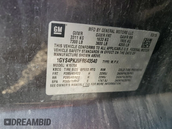 2015 Cadillac Escalade Platinum z VIN 1GYS4PKJ9FR643540, wystawiony jako Copart lot #80931014 z przebiegiem 156 820 mil mil oraz Szkoda całkowita • Salvage title. Historia ofert i sprzedaży dostępna na DreamBid. Obrazek 14.