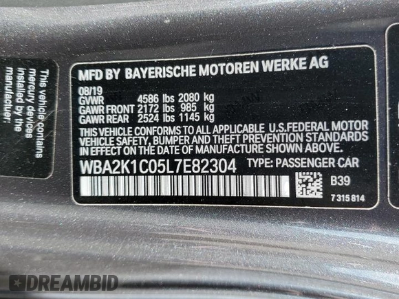 2020 BMW 2 Series 230i xDrive with VIN WBA2K1C05L7E82304, listed as a Copart auction lot 82746333 with 33,033 mi miles. Bid and sale history available at carsss.com. Image 14.