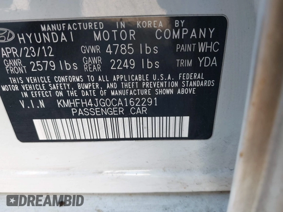 2012 Hyundai Azera with VIN KMHFH4JG0CA162291, listed as a IAAI auction lot 41012822 with 205,531 mi miles. Bid and sale history available at carsss.com. Image 9.