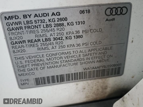 2018 Audi SQ5 Premium Plus with VIN WA1A4AFY9J2209331, listed as a Copart auction lot 68741054 with 86,407 mi miles and Salvage Title. Bid and sale history available at DreamBid. Image 13.