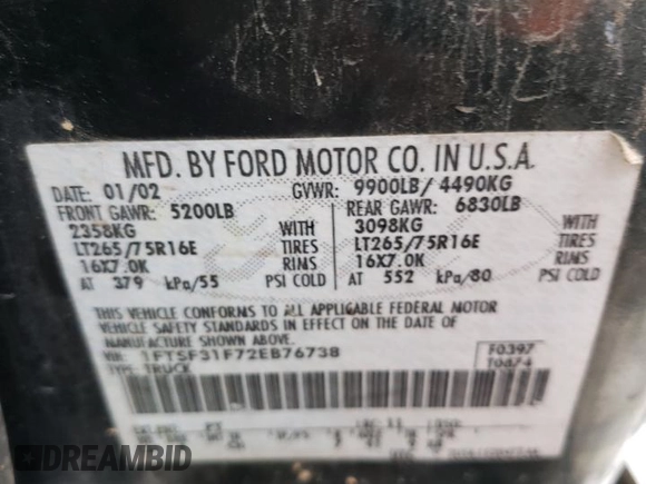 2002 Ford F-350 XL with VIN 1FTSF31F72EB76738, listed as a Copart auction lot 79612754 with Not Provided miles and Clean Title. Bid and sale history available at DreamBid. Image 12.
