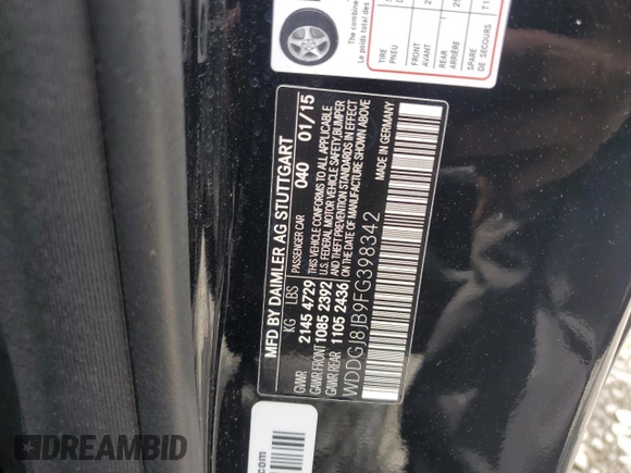 2015 Mercedes-Benz C 350 with VIN WDDGJ8JB9FG398342, listed as a Copart auction lot 56608885 with 93,116 mi miles and Salvage title. Bid and sale history available at DreamBid. Image 12.