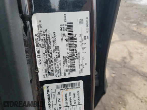 2013 Ford Fusion Titanium with VIN 3FA6P0K93DR168874, listed as a Copart auction lot 57624895 with 200,169 mi miles and Clean title. Bid and sale history available at DreamBid. Image 12.