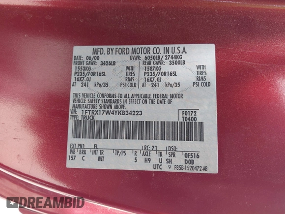 2000 Ford F-150 XL с VIN 1FTRX17W4YKB34223, выставлен на аукционе IAAI как лот 42744499 с пробегом 153 163 миль миль и . История ставок и продаж доступна на DreamBid. Изображение 9.