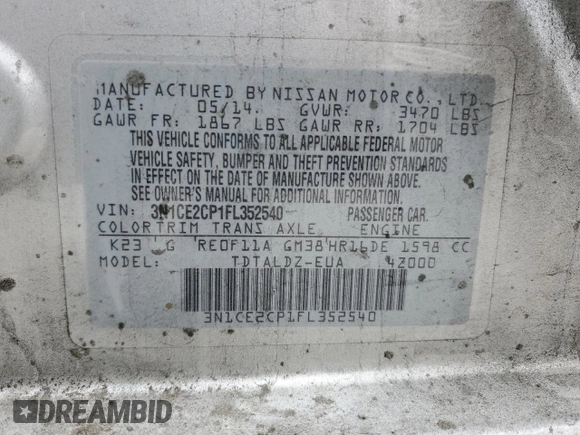 2015 Nissan Note S with VIN 3N1CE2CP1FL352540, listed as a Copart auction lot 60318055 with 120,925 mi miles and Clean title. Bid and sale history available at DreamBid. Image 12.