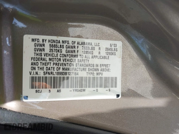 2003 Honda Odyssey EX-L with VIN 5FNRL18993B127164, listed as a IAAI auction lot 42474080 with 152,838 mi miles and . Bid and sale history available at DreamBid. Image 9.