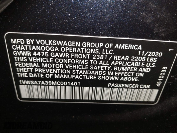 2021 Volkswagen Passat SE z VIN 1VWSA7A39MC001401, wystawiony jako IAAI lot #42019308 z przebiegiem 82 203 mil mil oraz . Historia ofert i sprzedaży dostępna na DreamBid. Obrazek 9.