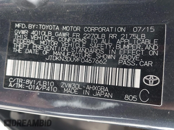 2015 Toyota Prius Four with VIN JTDKN3DU9F0467662, listed as a IAAI auction lot 42008838 with 42,598 mi miles. Bid and sale history available at carsss.com. Image 9.
