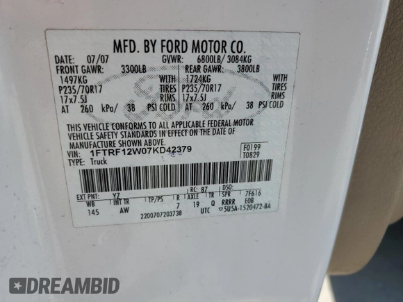 2007 Ford F-150 XL with VIN 1FTRF12W07KD42379, listed as a Copart auction lot 54146995 with 168,649 mi miles and Clean Title. Bid and sale history available at carsss.com. Image 12.