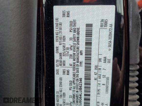2020 Ford Escape SE z VIN 1FMCU0G64LUB62346, wystawiony jako Copart lot #61041265 z przebiegiem 34 474 mil mil oraz Szkoda całkowita • Salvage title. Historia ofert i sprzedaży dostępna na DreamBid. Obrazek 14.