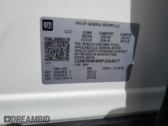 2023 Chevrolet Traverse LT Leather with VIN 1GNERHKW9PJ164077, listed as a Copart auction lot 80903594 with 16,681 mi miles and Salvage Title. Bid and sale history available at carsss.com. Image 14.