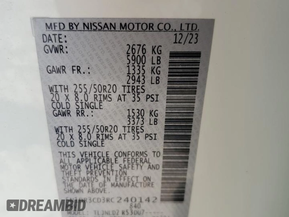 2024 Nissan Pathfinder SL with VIN 5N1DR3CD3RC240142, listed as a Copart auction lot 57849125 with 30,446 mi miles and Salvage title. Bid and sale history available at DreamBid. Image 13.